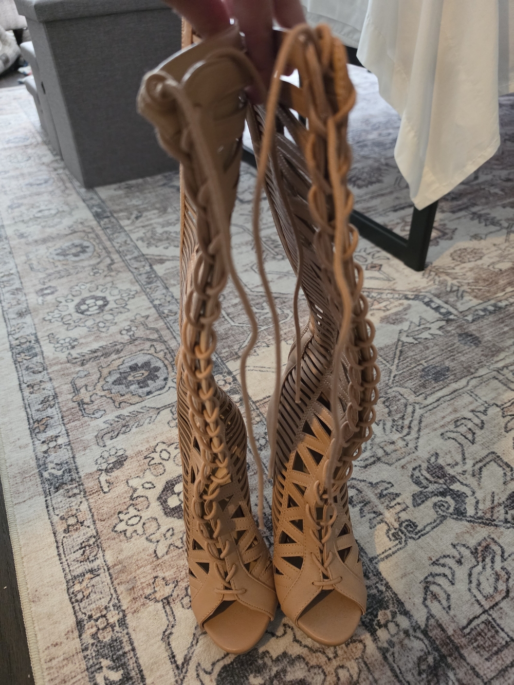 Anne Michelle Tan Lace-Up Cutout Knee-High Heeled Boots - Picture 3 of 3